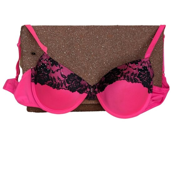 38 D Hot Pink Black Lace Underwire Rhinestone Detail - Picture 5 of 6